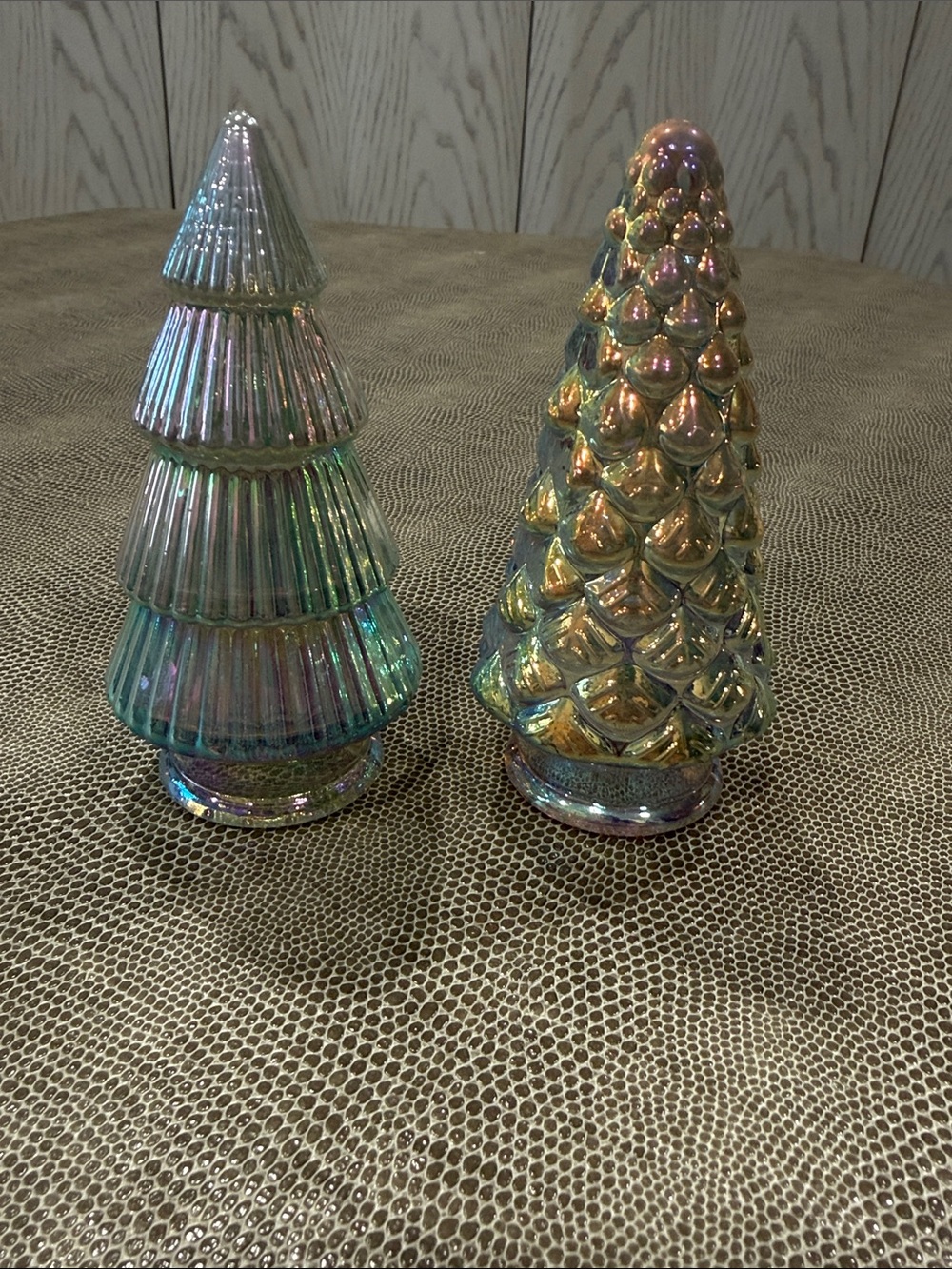 Pair of Iridescent Glass Holiday Tree Decor - Green/Gold